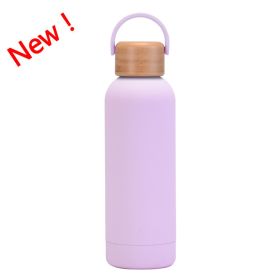 500ml Small Mouth Vacuum Cup Portable Handle Bamboo Wood Cover Water Cup Water Bottle (Option: Pale Purple New Color-500ml)