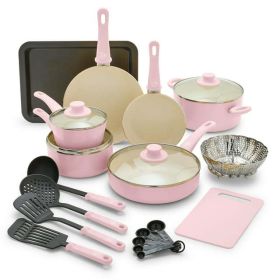 18-Piece Soft Grip Toxin-Free Healthy Ceramic Non-Stick Cookware Set,Dishwasher Safe (Set Color: Pink)